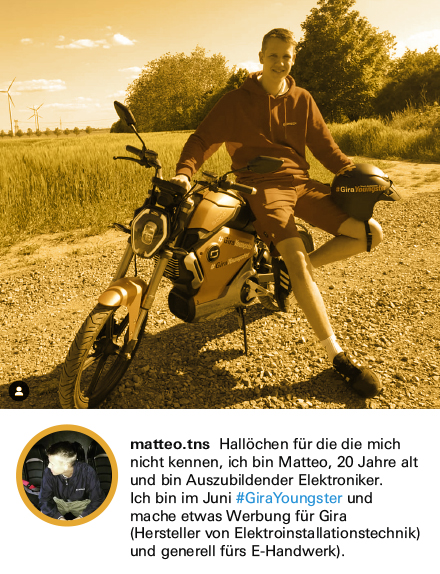Instagram Post mit Elektro Azubi auf Motorrad 